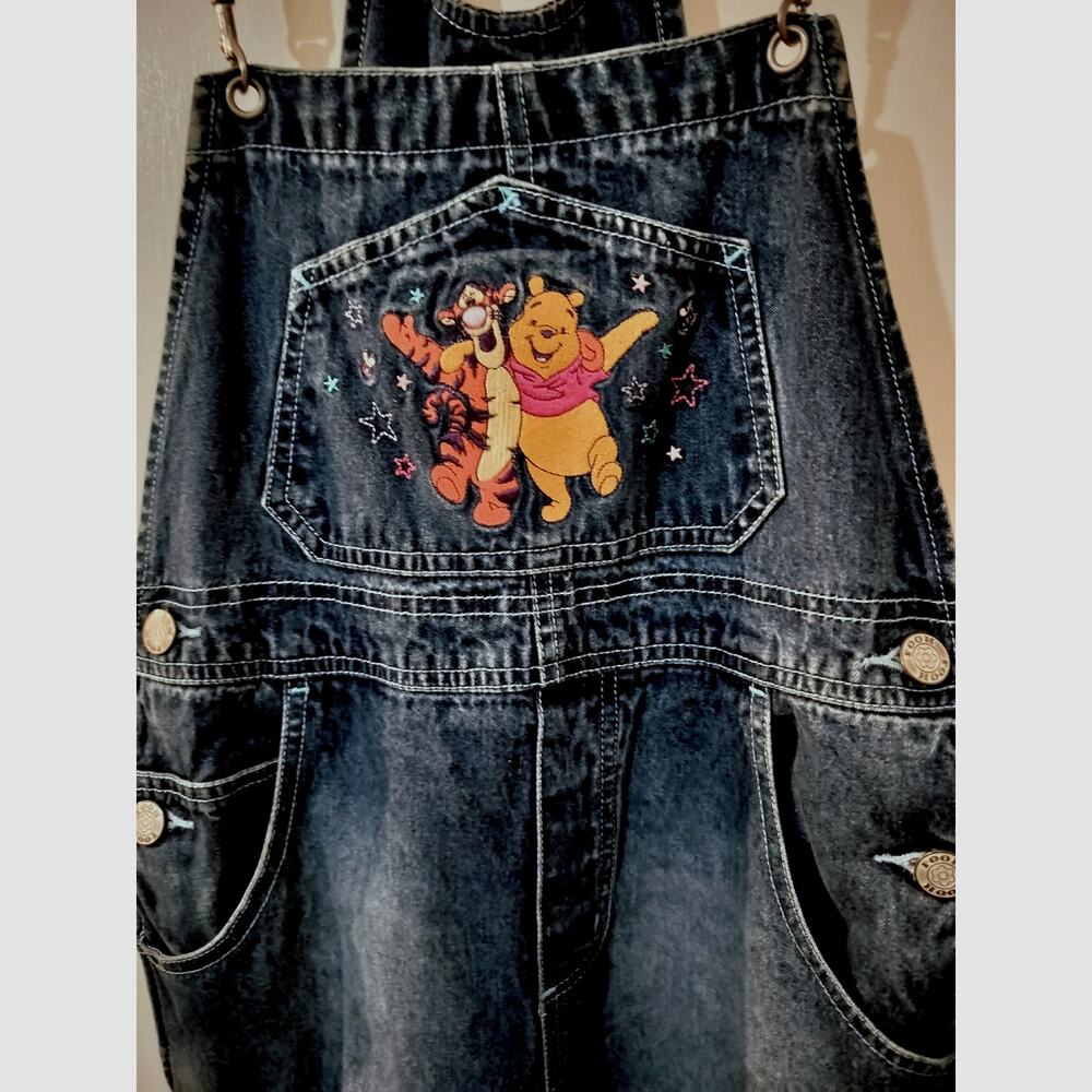 5637)Vtg 90s Disney Girls Winnie the Pooh & Tigger Denim Bib Overall Glitter 8 - Picture 3 of 10